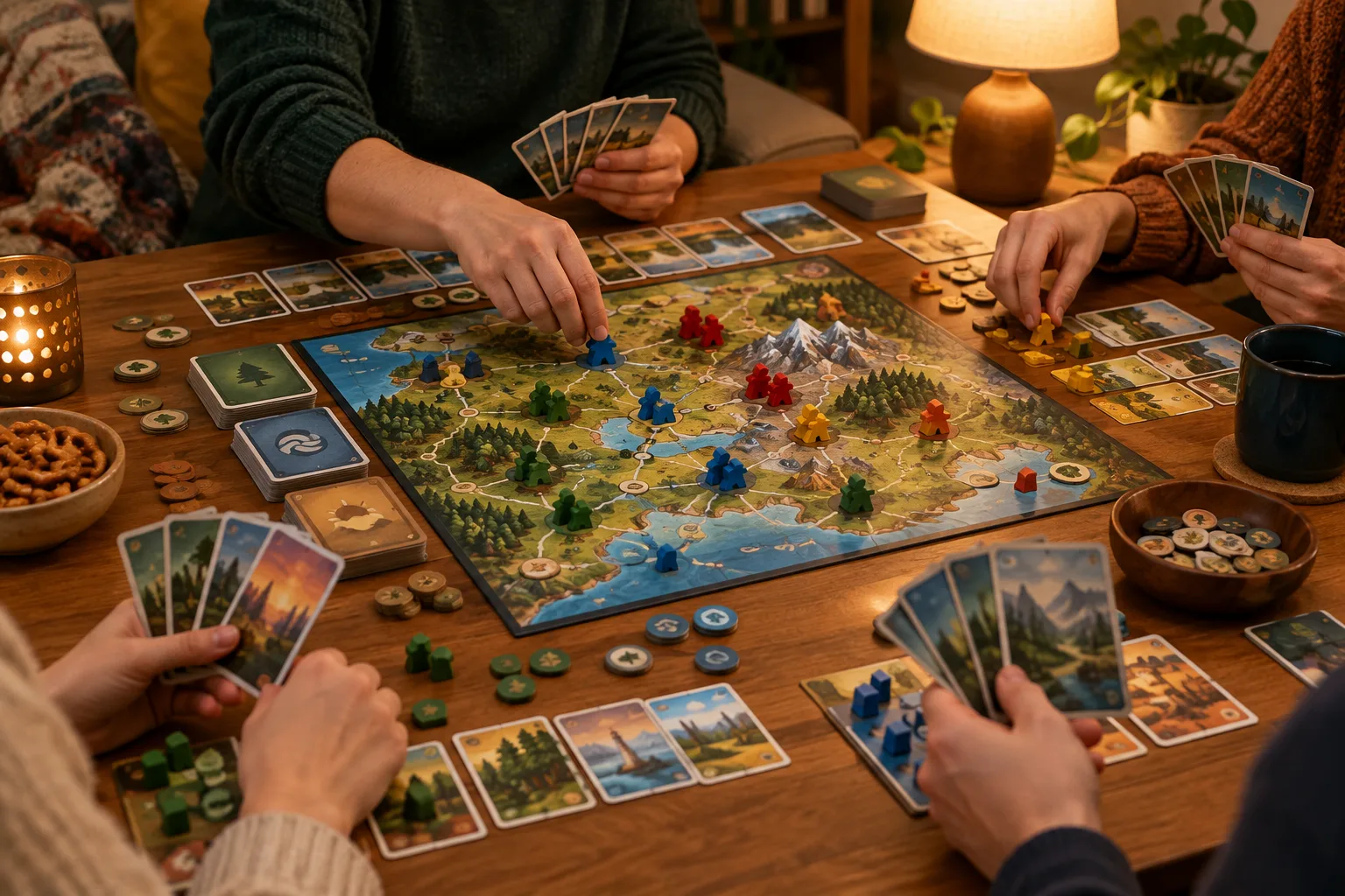 Des mains autour d’un jeu de société coopératif avec des cartes et des indices écrits.