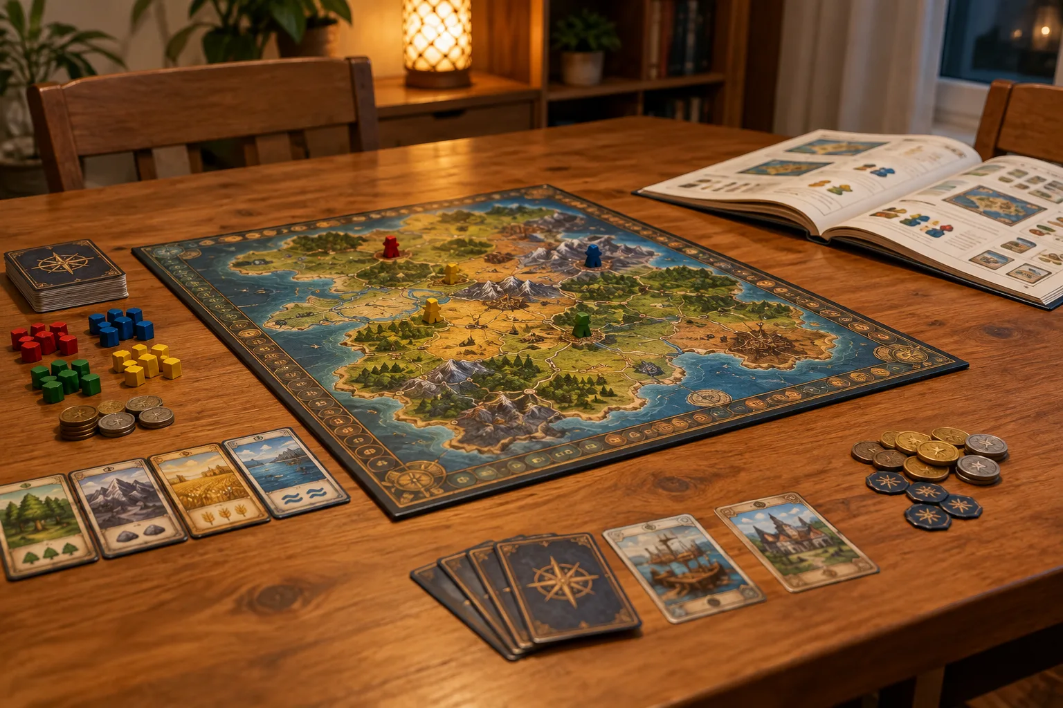 Un plateau, des cartes et quelques pions préparés sur une table dégagée.