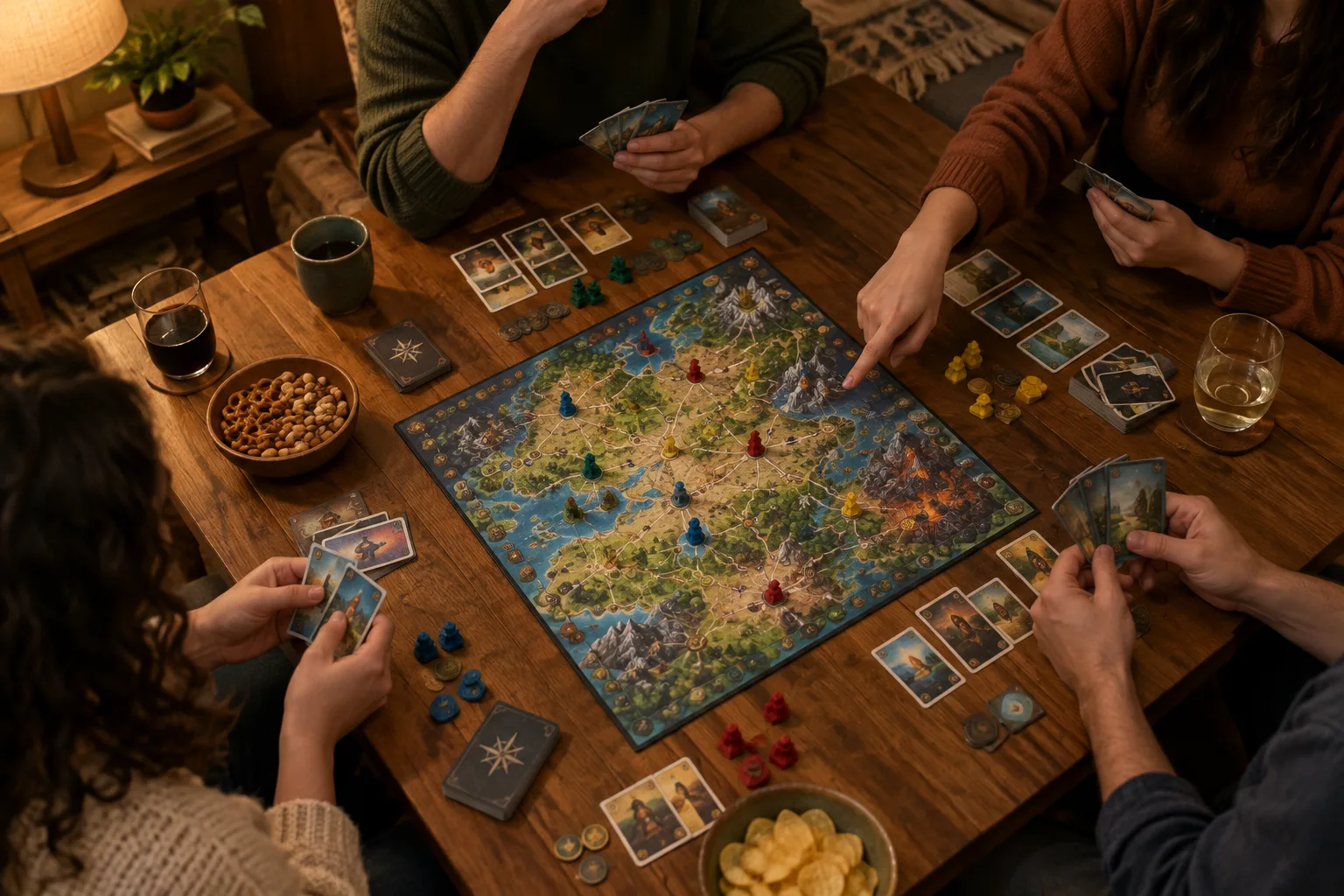 Des joueurs réunis autour d’un jeu coopératif installé sur une table.