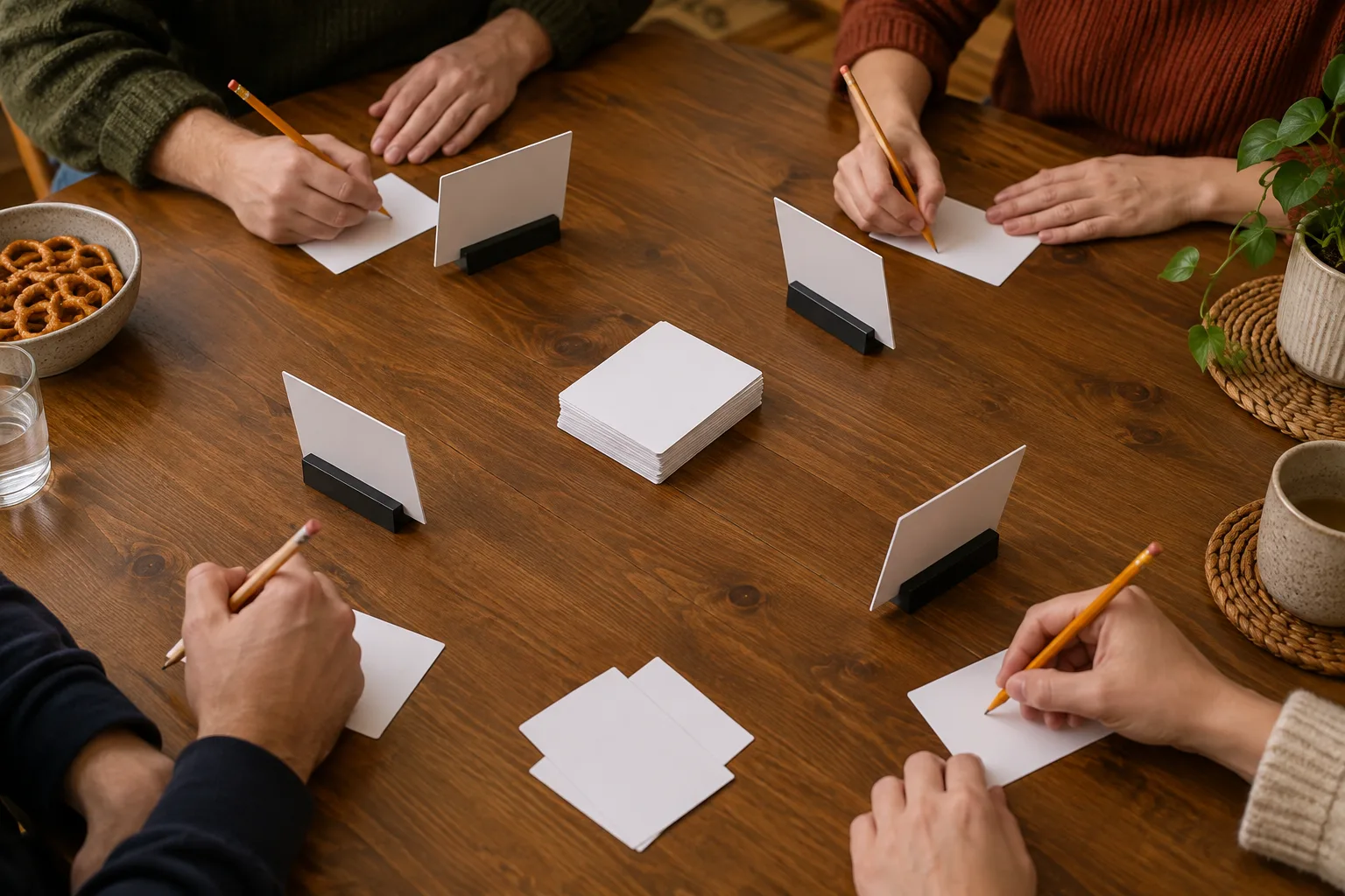 Des joueurs préparent des indices écrits sur de petites cartes autour de la table.