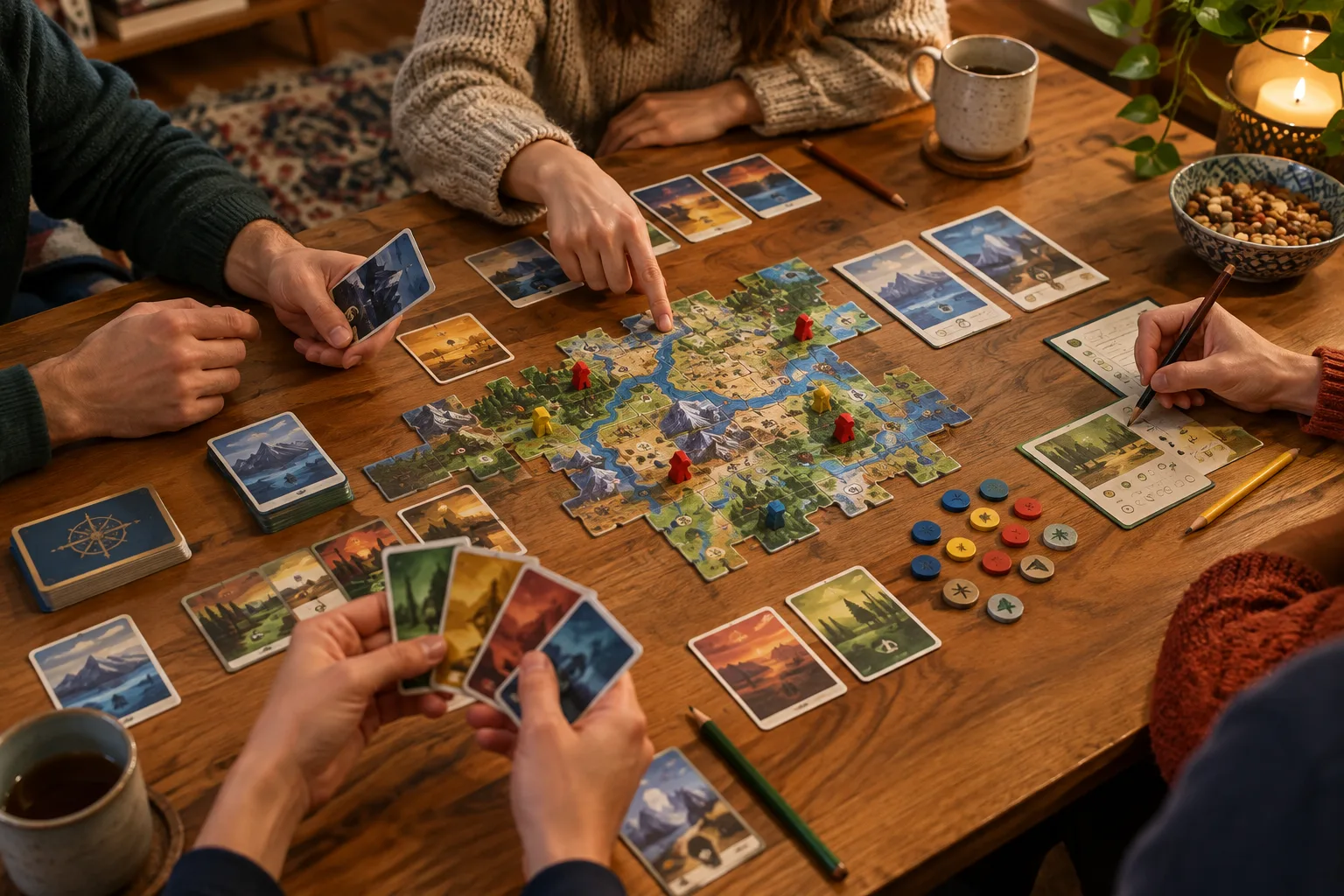 Des mains écrivent des indices sur des chevalets autour d’un jeu de cartes.