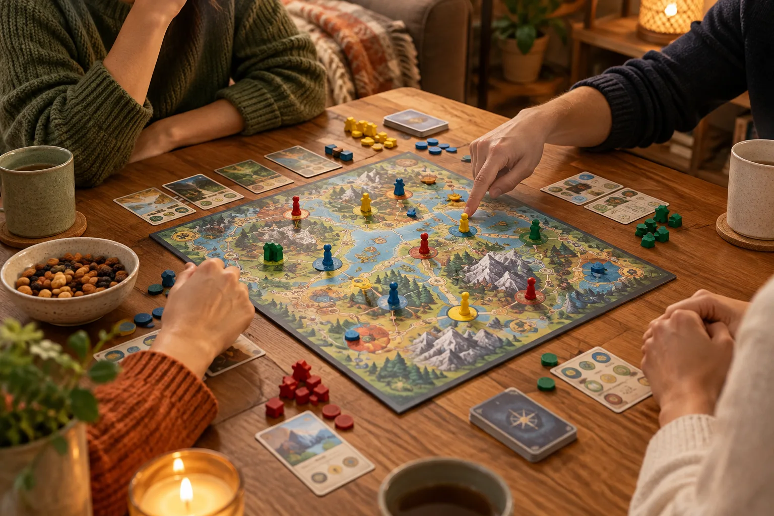Des pions et un plateau de jeu coopératif installés au centre d’une table, avec plusieurs mains autour.
