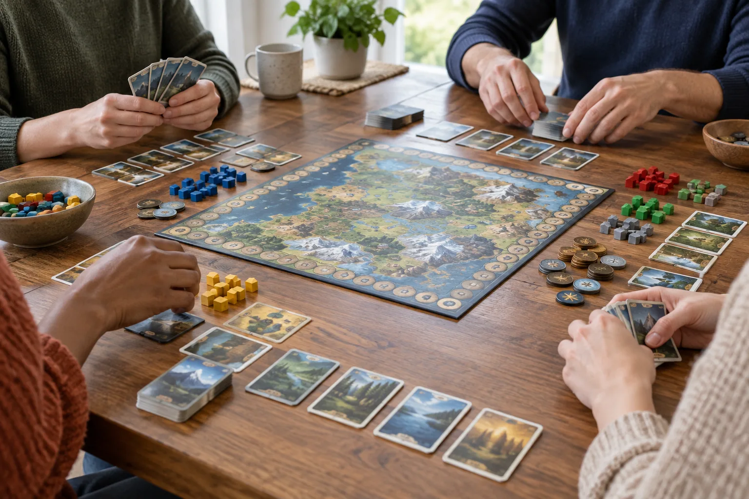 Des mains installent les cartes et les pions d’un jeu de société sur une table dégagée.