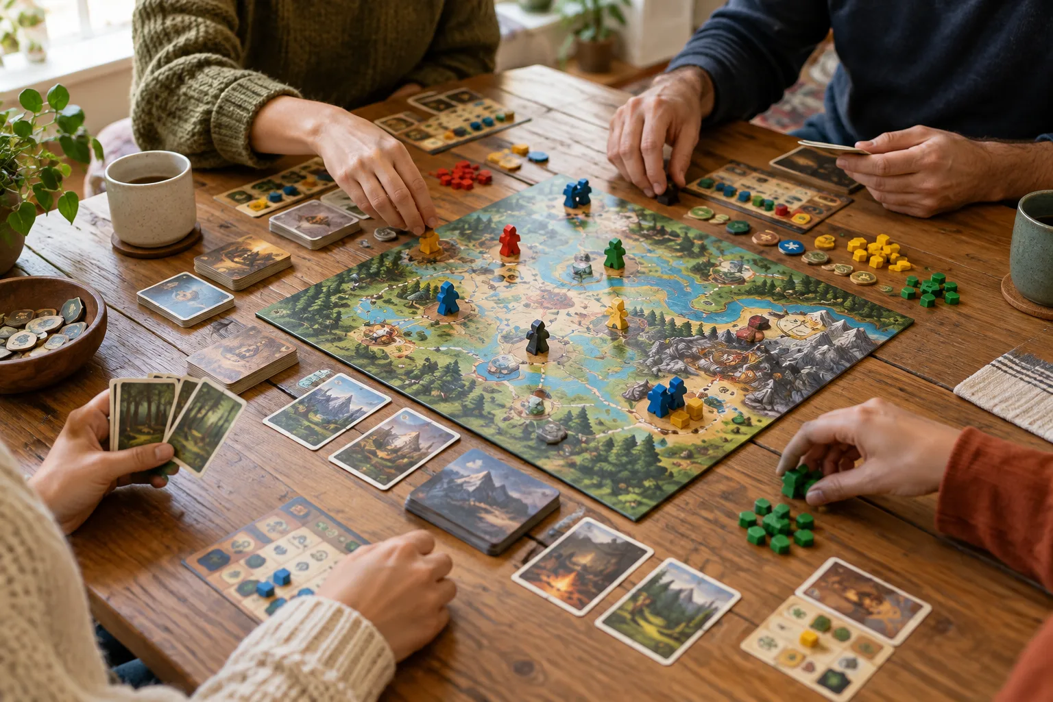 Des joueurs préparent ensemble un jeu de société coopératif autour d’une table.