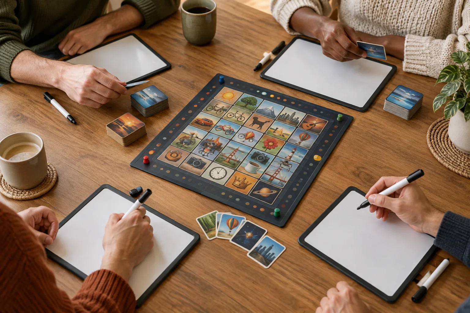Des cartes et des supports d’écriture sont disposés sur une table avant une partie coopérative.