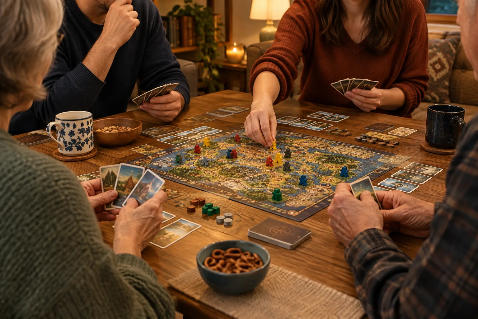 Des joueurs réunis autour d’un jeu de société coopératif dans une ambiance conviviale.