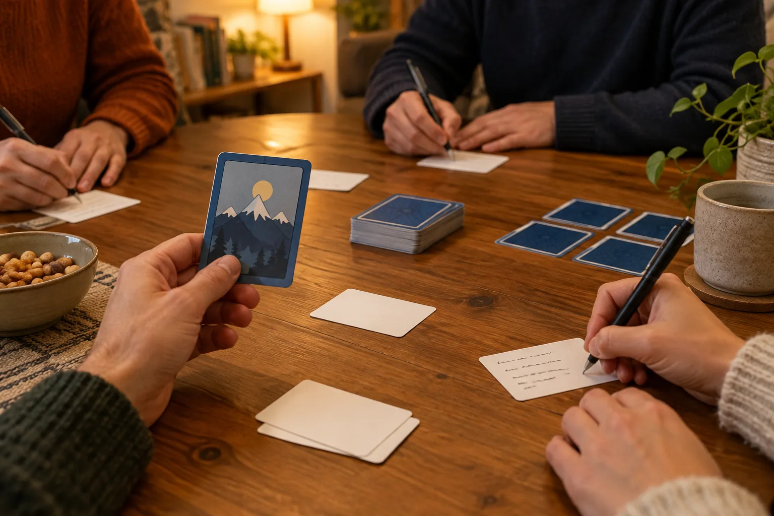 Des joueurs écrivent des indices sur des cartes pendant une partie coopérative à la maison.