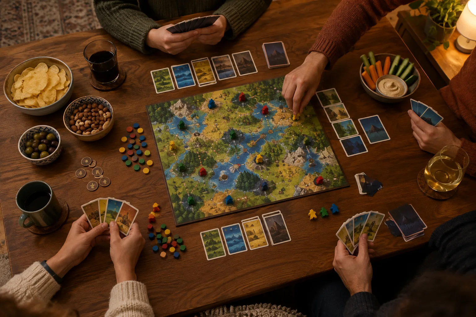Des mains disposent des cartes et des éléments de jeu autour d’une table éclairée par une lumière douce.