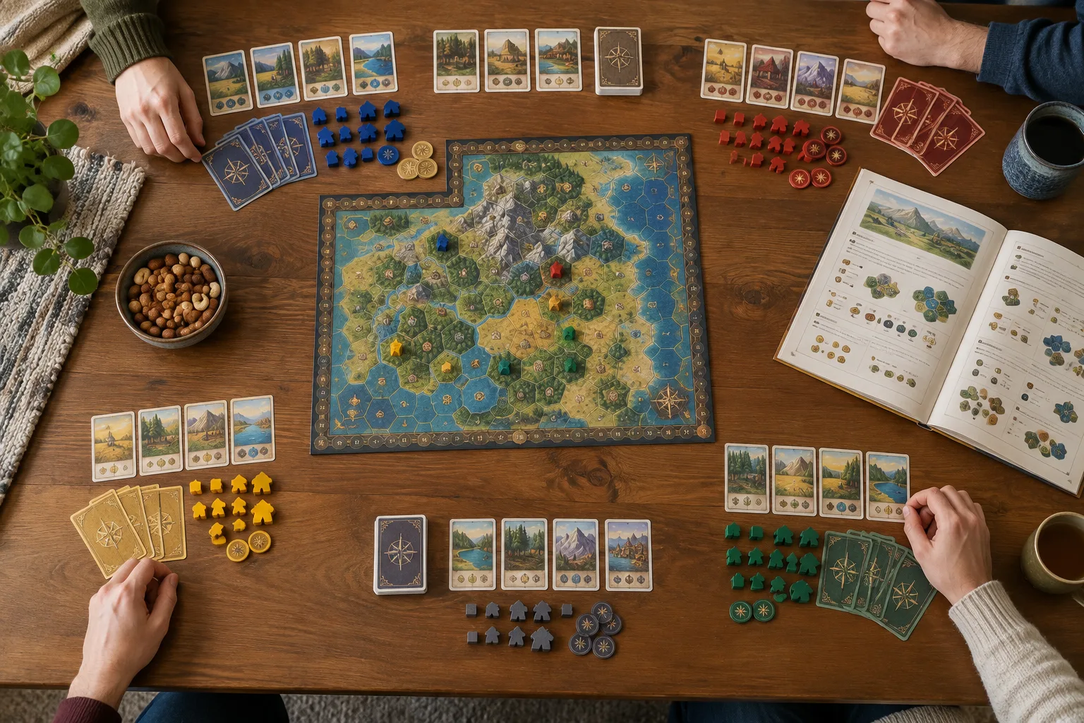 Un jeu de société installé sur une table, avec les cartes rangées et la règle à portée de main.