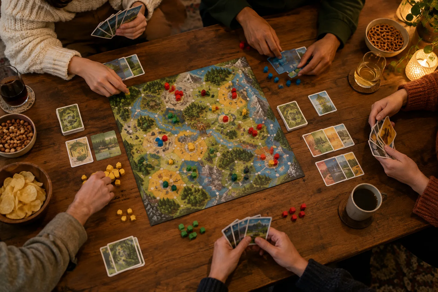 Des mains réunies autour d’un jeu de société coopératif sur une table éclairée par une lumière douce.
