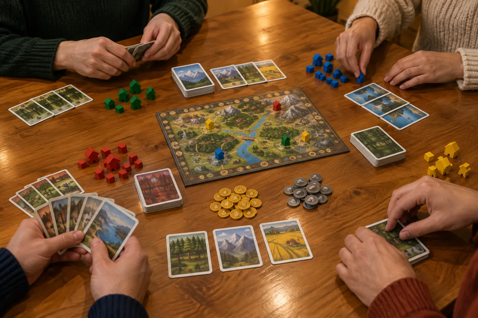 Des joueurs préparent un plateau, des cartes et des pions sur une table dégagée.