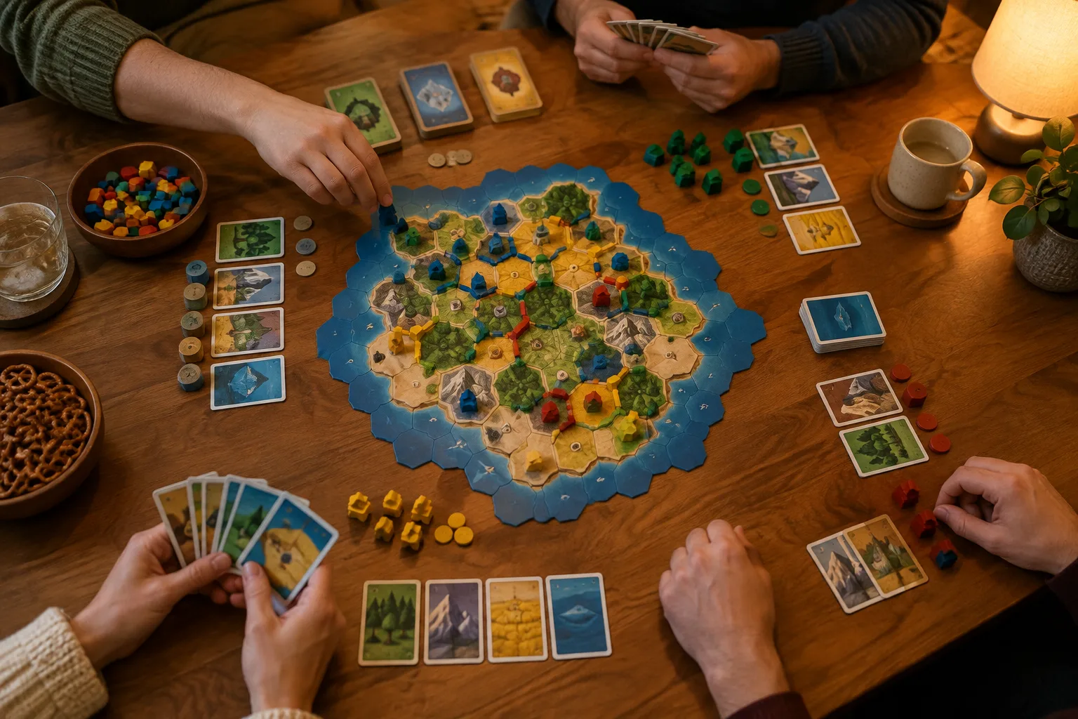 Des mains disposant cartes et pions sur une table avant une partie de jeu coopératif.
