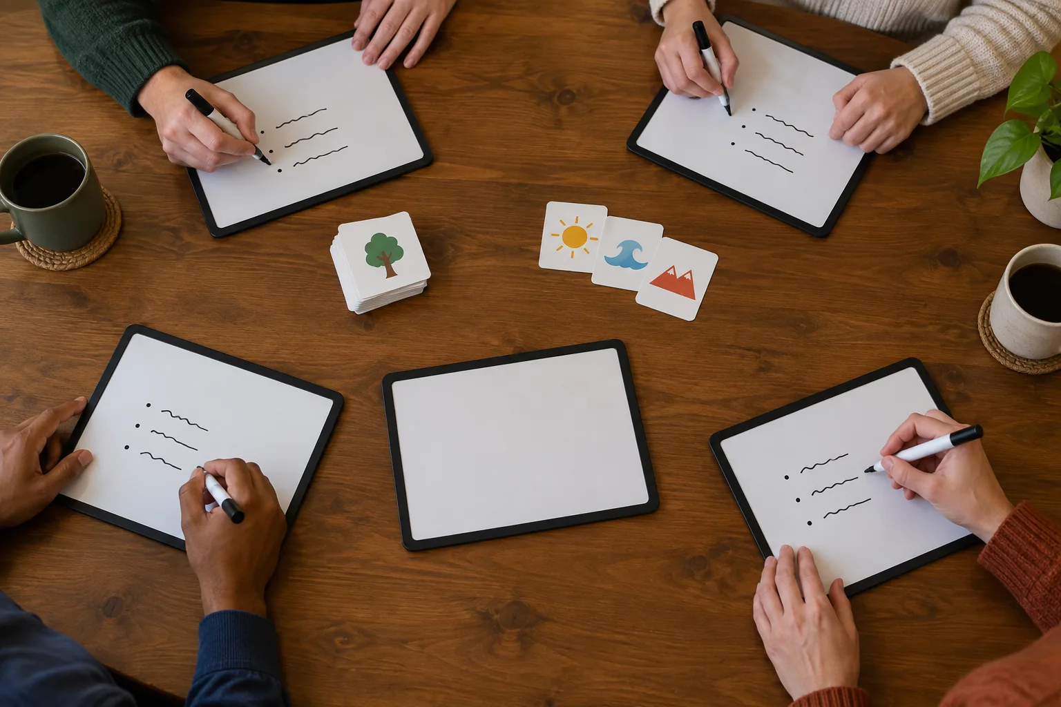 Des joueurs écrivent chacun un indice sur de petits tableaux pendant une partie coopérative.