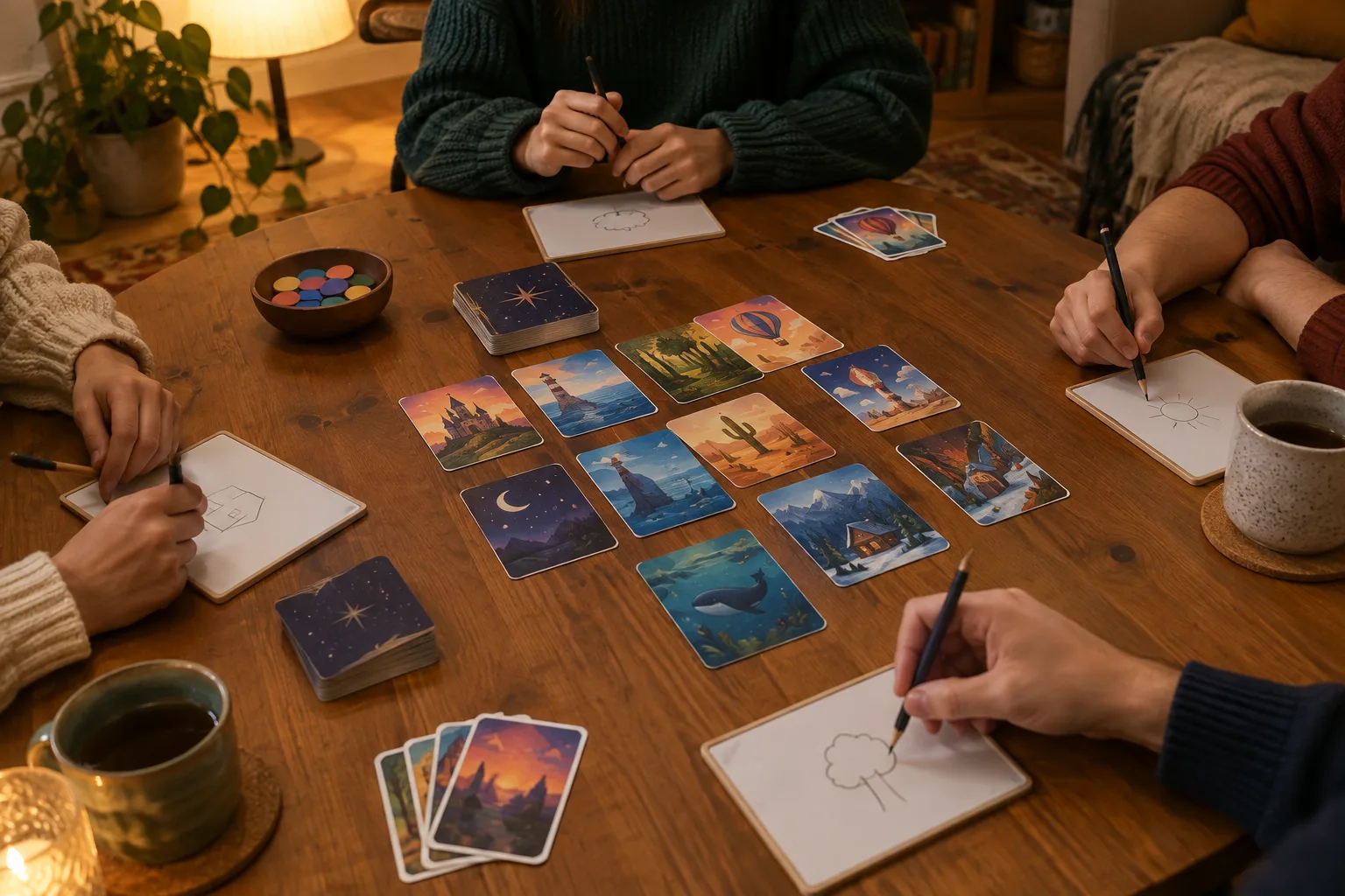 Des mains réunies autour d’une table de jeu éclairée par une lumière douce.