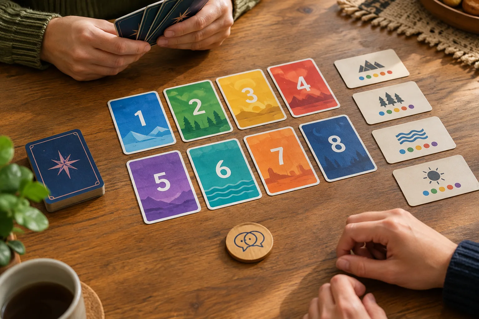Des cartes de jeu, des objectifs et un jeton sont préparés sur une table.