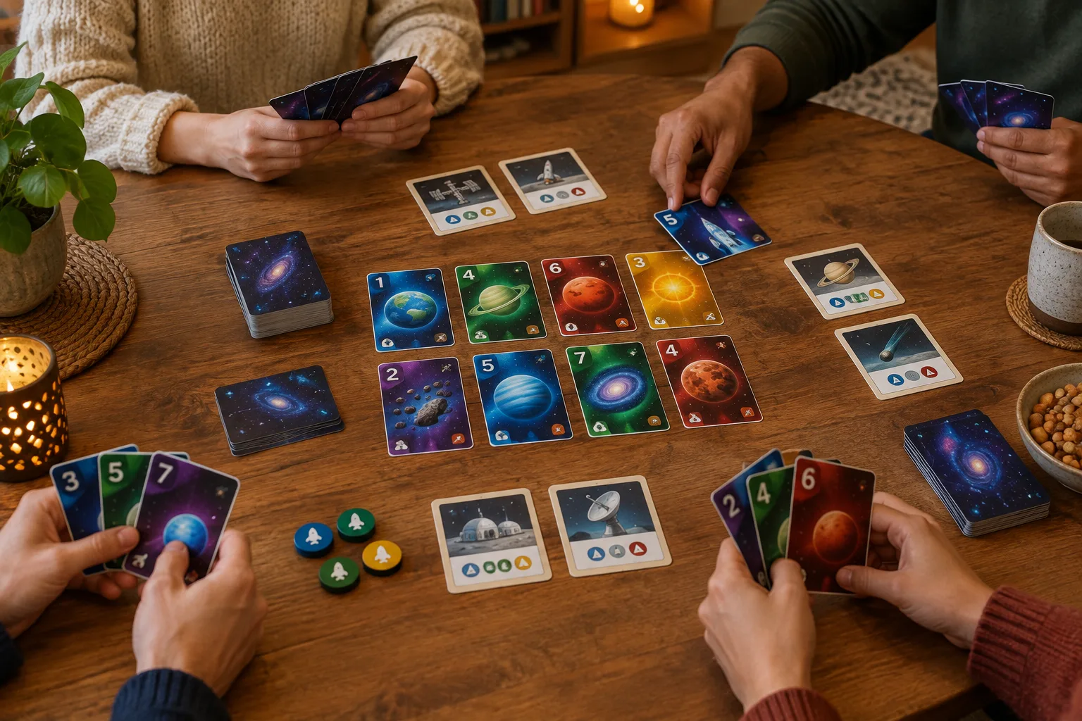 Des mains disposent des cartes colorées et des cartes de mission sur une table de jeu.