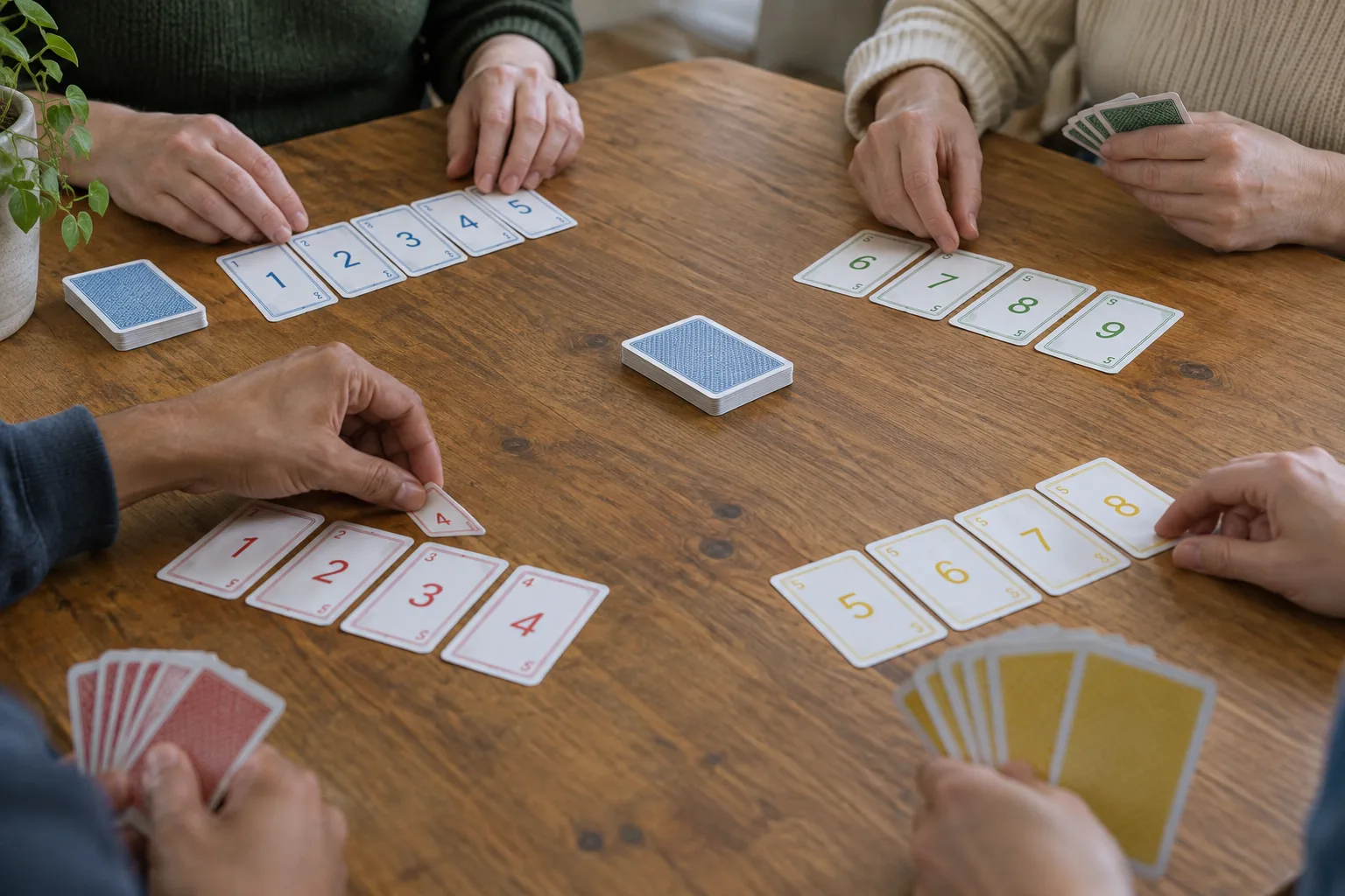Des joueurs posent des cartes numérotées dans l’ordre sur une table en bois.