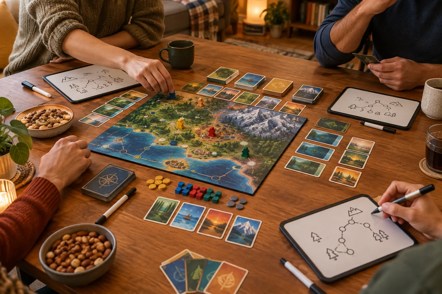 Des chevalets, des feutres et des cartes sont disposés sur une table pour une partie de jeu coopératif.